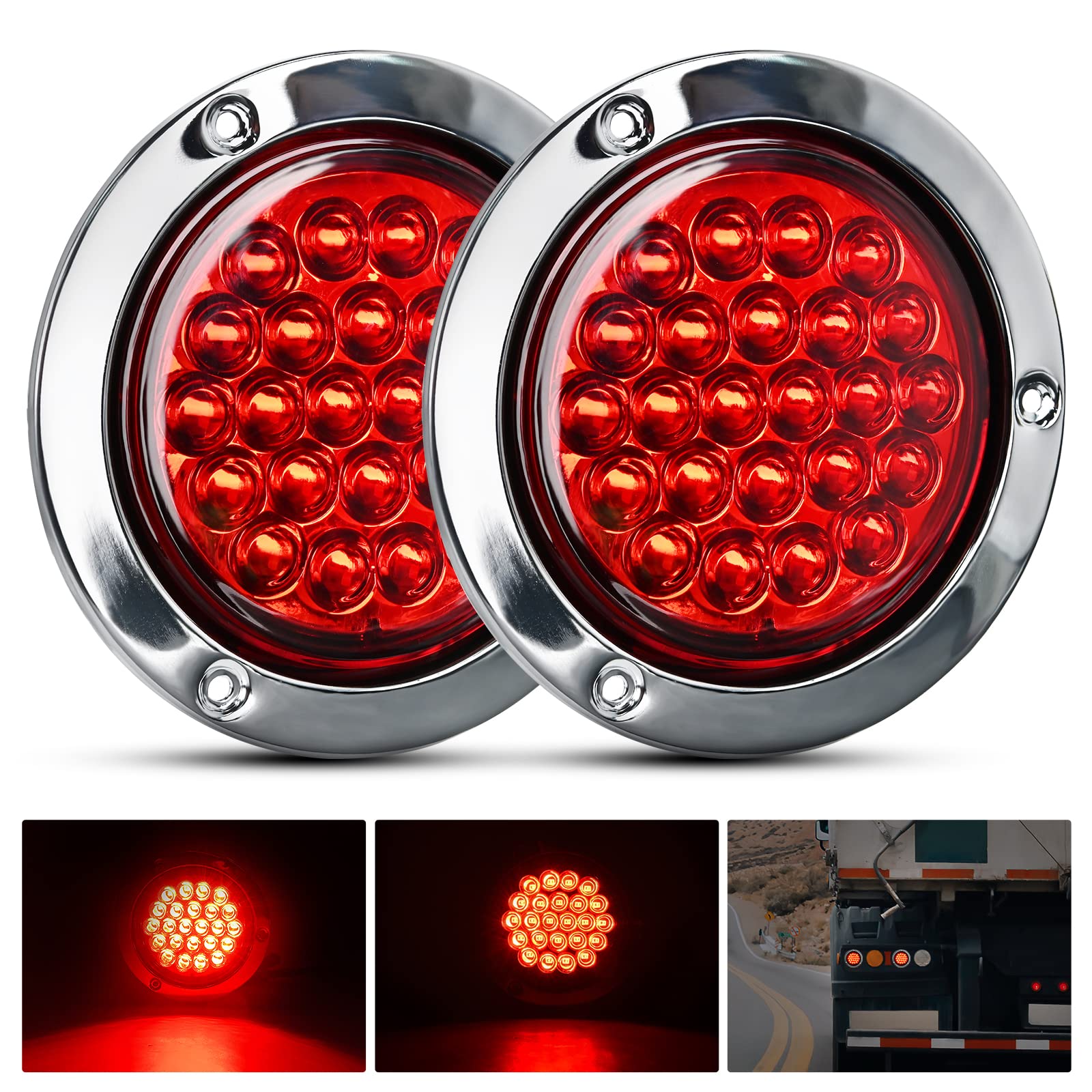 Nilight 4” Round Trailer Tail Light 2PCS 24LED Red Stainless Steel Chrome Bezel Waterproof Stop Brake Turn Tail Lights for Truck Van Camper Boat Lorry